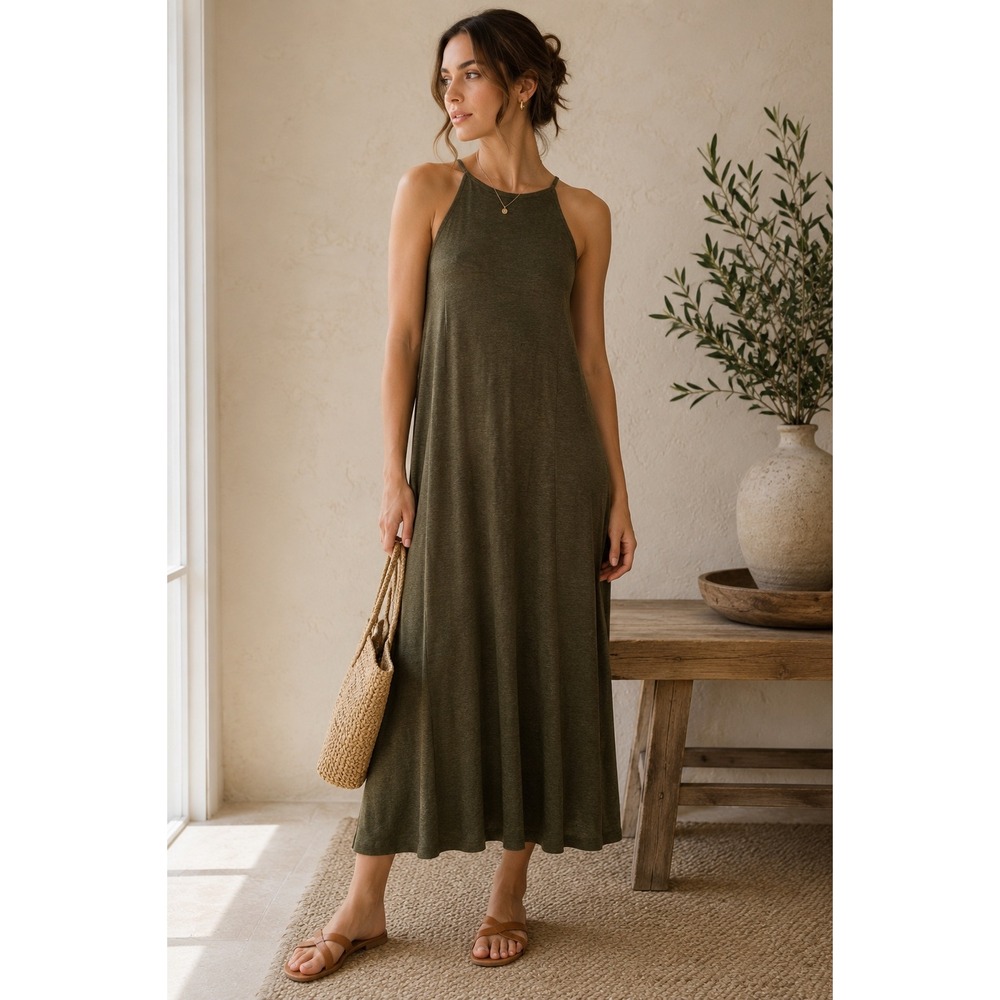 Madewell Knit‎ Cami Midi Dress Women S Sleeveless Halter Neck Olive Green Lagen